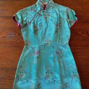 Vintage Oriental Arts Co Silk Dress Aqua with Red Piping